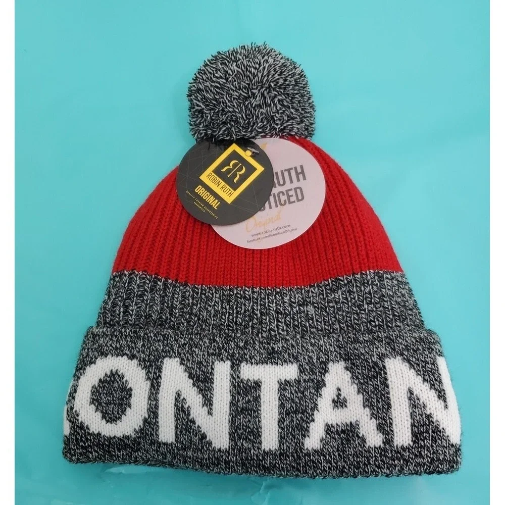 Robin Ruth Pom Pom Beanie - Montana MT- Winter Knit Cap Hat -Gray Red White NWT